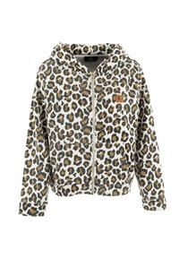 Hoodie zippé au motif léopard dans des tons beiges et bruns. Fabriqué en tissu doux avec une poche avant et un patch logo sur la poitrine.