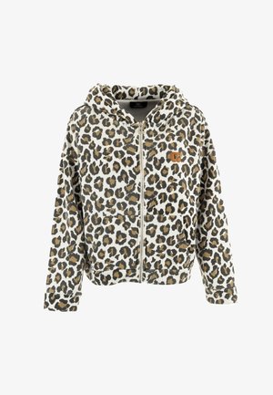 Sudadera con cremallera de estampado de leopardo en tonos beige y marrón. Fabricada en un tejido suave, con un bolsillo frontal y un parche con el logo en el pecho.