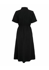 Robe midi noire à manches courtes, taille froncée et col, vue de dos sur fond blanc.
