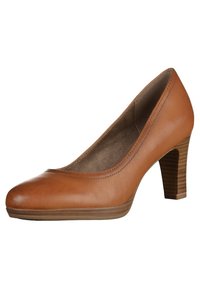 Chaussure à talon pour femme en cuir marron avec bout rond, talon empilé de hauteur moyenne, et doublure intérieure rembourrée.