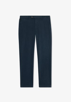 Navyblauwe katoenen broeken met een recht model, voorzakken, riemlussen en een enkele knoopsluiting op de taille.