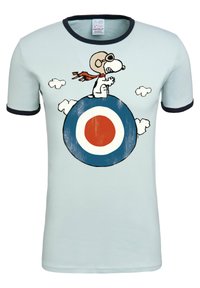Light blue T-shirt with navy trim featuring a graphic of a dog in goggles and a red scarf sitting on a round blue target with red and white details.