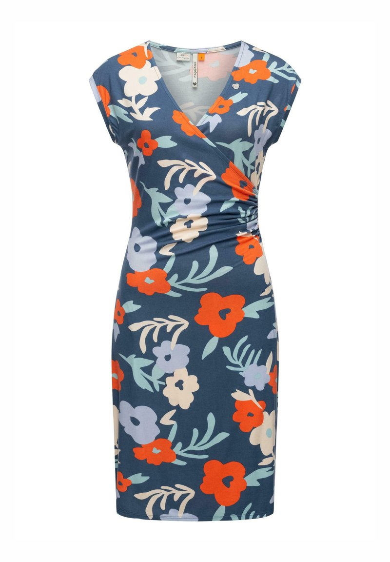 Floral Wickelkleid mit V-Ausschnitt, kurzen Ärmeln und Raffung an der Seite. Es hat einen marineblauen Hintergrund mit orangen, hellblauen und cremefarbenen Blumen.