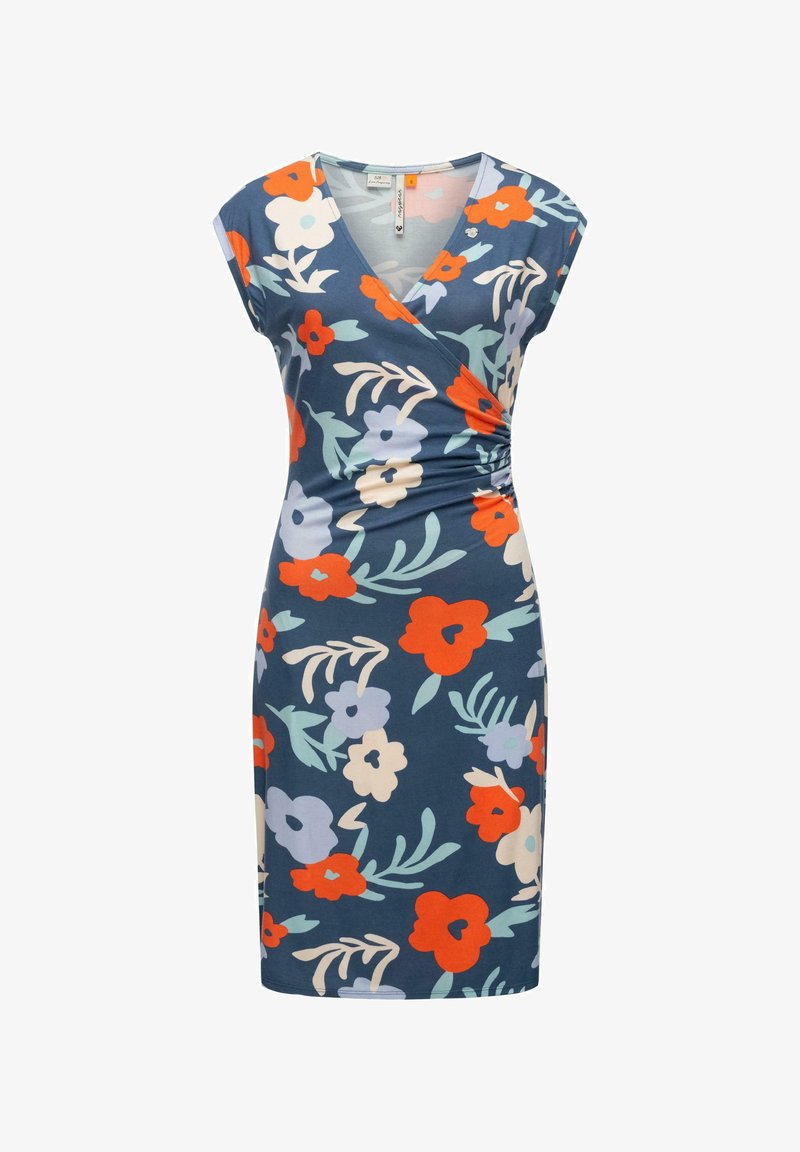 Robe portefeuille florale avec un décolleté en v, des manches courtes et des fronces sur le côté. Présente un fond marine avec des fleurs orange, bleu clair et crème.