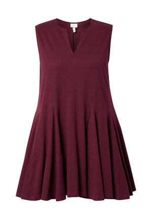 Mouwloze, loszittende pruimkleurige jurk met een lichte V-hals en zachte plooien die een uitlopende silhouet creëren.