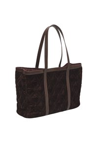 Brun fløjl tote taske med diamant quiltet mønster, der har lange brune læderhåndtag og en kontrastfuld indvendig foring.