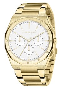 Goldfarbene Edelstahl-Uhr mit achteckigem Gehäuse, weißem Zifferblatt, goldenen Akzenten, drei Hilfszifferblättern und Metallarmband.