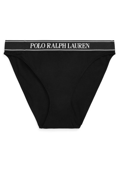 Black cotton brief with a soft waistband featuring the text "POLO RALPH LAUREN" in white, accented by a thin white stripe.