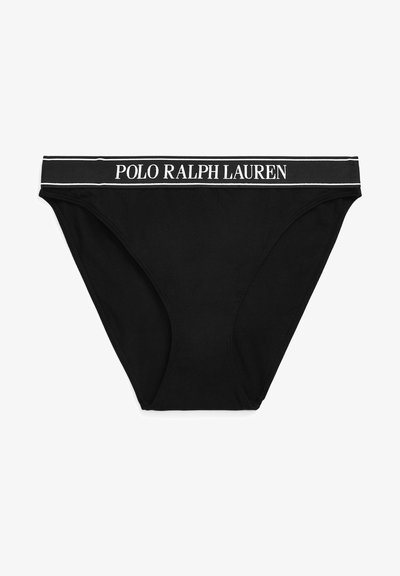 Melns kokvilnas biksītes ar mīkstu jostu, kurā uzraksts "POLO RALPH LAUREN" ir izcelts baltā krāsā, papildināts ar šauru baltu svītru.