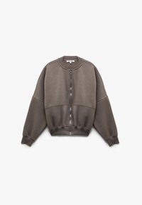 Brun zip-up sweatshirt med rund halsudskæring, dropped shoulders og ribbede manchetter. Fremstillet af blødt, tekstureret stof med en glat finish.