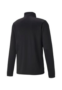 Zwarte lange mouwen pullover met een staande kraag, gemaakt van glad materiaal. Heeft een schoon ontwerp en een gestikte zoom zonder zichtbare logo's.