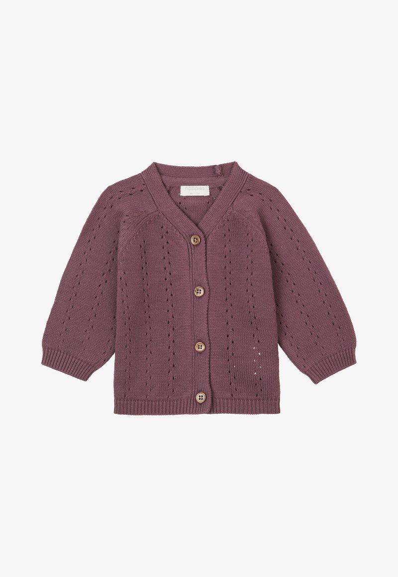 Knitted cardigan in dusty rose with a V-neck, six wooden buttons, short sleeves, and a lace-like pattern throughout.