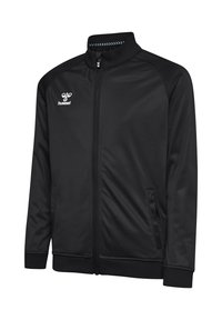 Svart zip-up jacka i smidig tyg, med hög krage, sidfickor och en vit logotyp på övre vänstra bröstet.