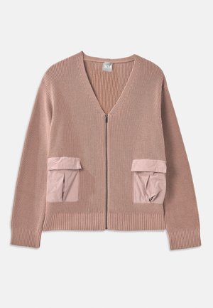 Pink knitted cardigan with a V-neck, zip front, and two patch pockets in a contrasting fabric. Ribbed cuffs and hem enhance texture.