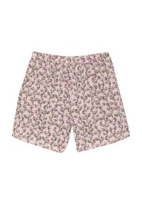 Rosa bomullsshorts med ett blommönster som har gröna stjälkar och lila blommor. Resårmidja, lös passform och mjuk textur.