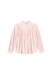 Ljusrosa långärmad blus med hög krage, plisserad okdetalj och knäppning framtill. Tillverkad av mjukt, texturerat tyg.