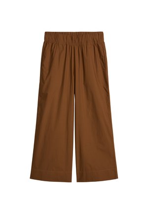 Braune, weit geschnittene, verkürzte Hose mit elastischem Bund und Seitentaschen, aus leichtem Stoff.