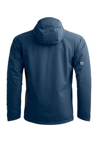 Blaue isolierte Jacke mit Kapuze, die eine glatte Textur und ein figurnahes Design aufweist. Enthält schwarze seitliche Akzente und Logodetails am Ärmel.