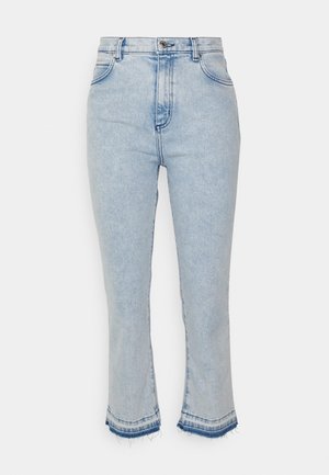 Light blue high-waist denim jeans with front button, five pockets, and frayed hems with darker blue detailing.