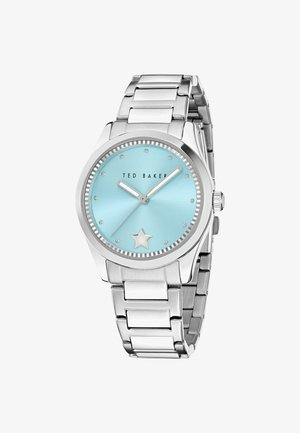 Zilveren roestvrijstalen horloge met een lichtblauw wijzerplaat, zilveren uur- en minuutwijzers, kristallen markers en een ster op 6 uur.