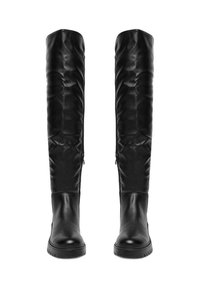 Cizme negre până la genunchi cu un finisaj din piele eleganta, un brâu din țesătură texturată, fermoare laterale și o talpă solidă din cauciuc.