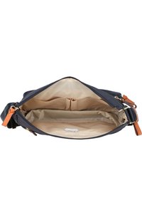 Borsa in tessuto nero con dettagli in pelle, chiusura con zip e interno beige, dotata di due tasche e base piatta per maggiore stabilità.