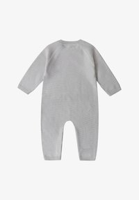 Monito de bebé de punto gris con mangas largas, cuello redondo y puños elásticos. Textura suave con un ajuste relajado y sin cierre visible.