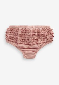 Roze dječje kupaće gaće s volanima oko struka. Mekani materijal, elastični pojas i oblik kratkih gaća za udobnost.