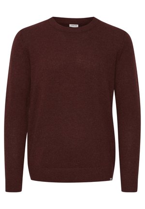 Bordeaux gebreid sweater met een ronde halslijn en lange mouwen. Textuurstof met ribgebreide manchetten en zoom, met een klein merklabel aan de onderkant.