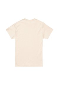 Beige cotton t-shirt with short sleeves, crew neck, and a smooth texture. The back is plain without any prints or graphics.