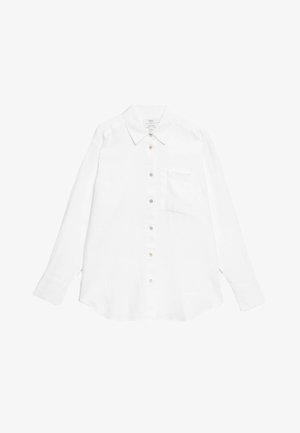 Chemise blanche à manches longues avec boutons, fabriquée en tissu léger, dotée d'un col, d'une poche poitrine et de boutons multicolores sur le devant.