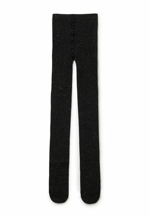 Schwarze Leggings aus weichem, strukturiertem Stoff mit glatter Oberfläche; verfügt über ein dekoratives Knopfdetail entlang des Bundes.