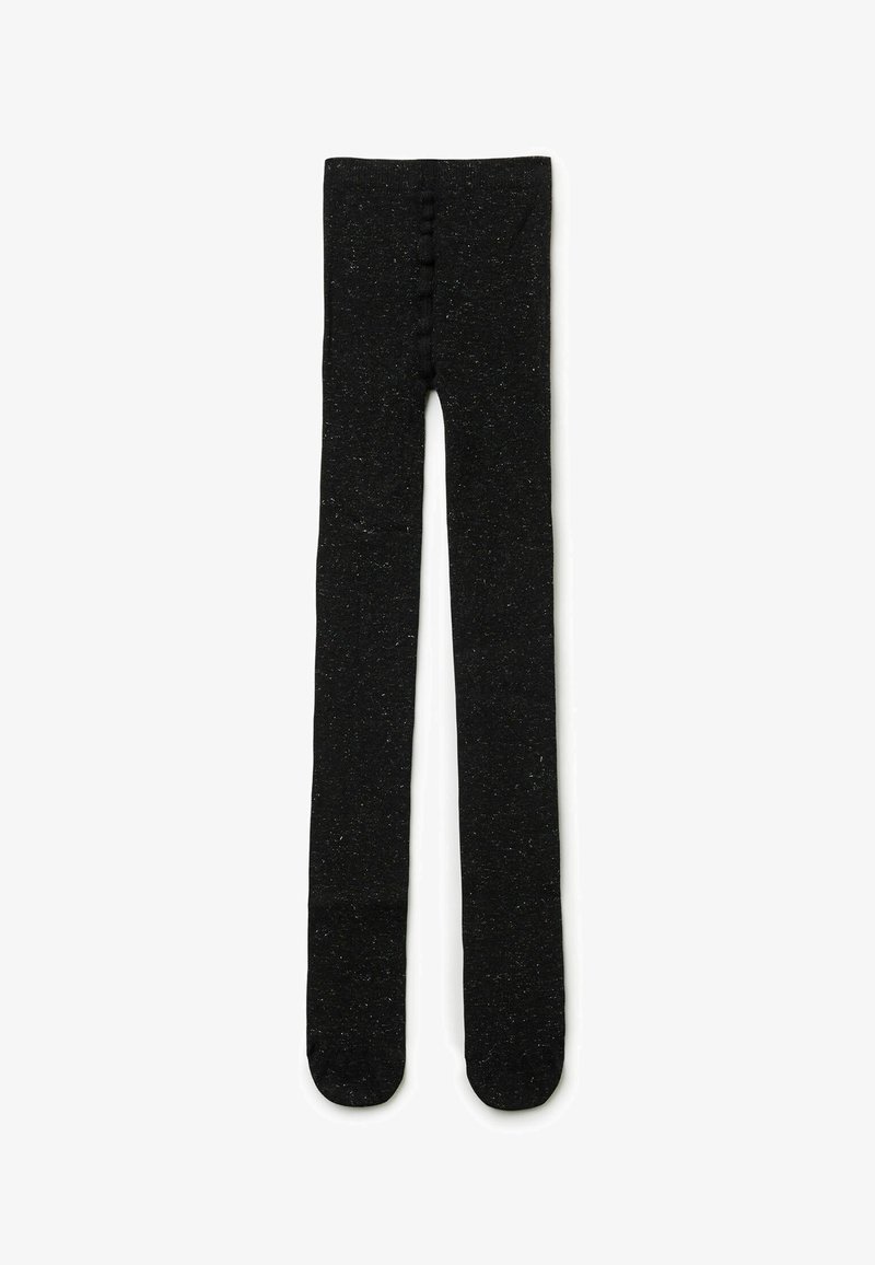 Leggings neri realizzati in un morbido tessuto testurizzato con una finitura liscia; presentano un dettaglio decorativo con bottone lungo la vita.