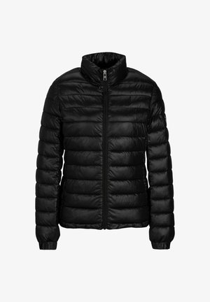 Schwarze Pufferjacke mit hohem Kragen, Reißverschluss und gestepptem Design. Hergestellt aus glänzendem, leichtem Material mit elastischen Manschetten.