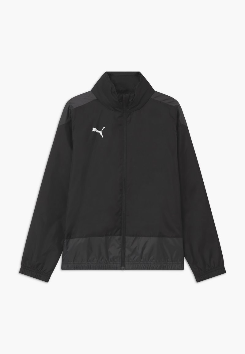 Black windbreaker jacket with a zipper, featuring a stand-up collar, elastic cuffs, and a small white logo on the left chest. Smooth texture.