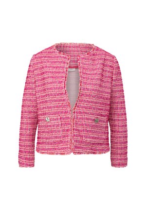 Giacca in tweed rosa con una tessitura texture, colletto rotondo, frontale aperto e due tasche frontali con dettagli in metallo argentato.