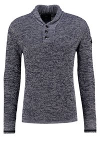 Pull en maille gris foncé à manches longues pour homme avec col châle, trois boutons noirs et poignets ajustés.