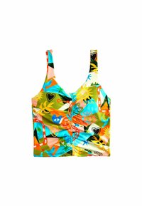 Kleurrijke cropped tanktop met een mix van geometrische en bloemmotieven. Gemaakt van rekbare stof met brede schouderbanden en een sluiting aan de voorkant.