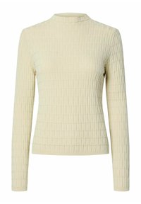 Beige långärmad topp med hög krage, med ett texturerat mönster av små fyrkanter över hela tyget. Mjuk stickad material.