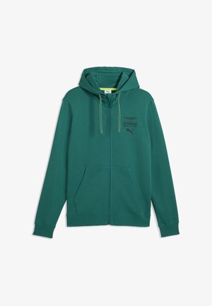 Grüner Kapuzenpullover mit Reißverschluss aus glattem Stoff. Verfügt über eine Kapuze mit Kordelzug, zwei Fronttaschen und ein Logo auf der Brust.