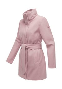 Light pink wool blend coat with high collar, long sleeves, two front pockets, and a matching belt. Features a logo on the left sleeve.