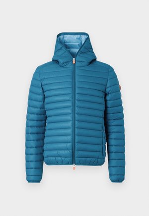 Türkisfarbene Daunenjacke mit Kapuze, horizontalem Steppmuster, durchgehendem Reißverschluss und verstellbarem Saum. Verfügt über einen beige Akzent an der Schulter.