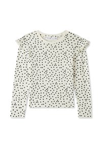 Długi rękaw bluzka wykonana z miękkiego, kremowego materiału z czarnym wzorem w serca i falbaniastymi wykończeniami na ramionach. Okrągły dekolt.