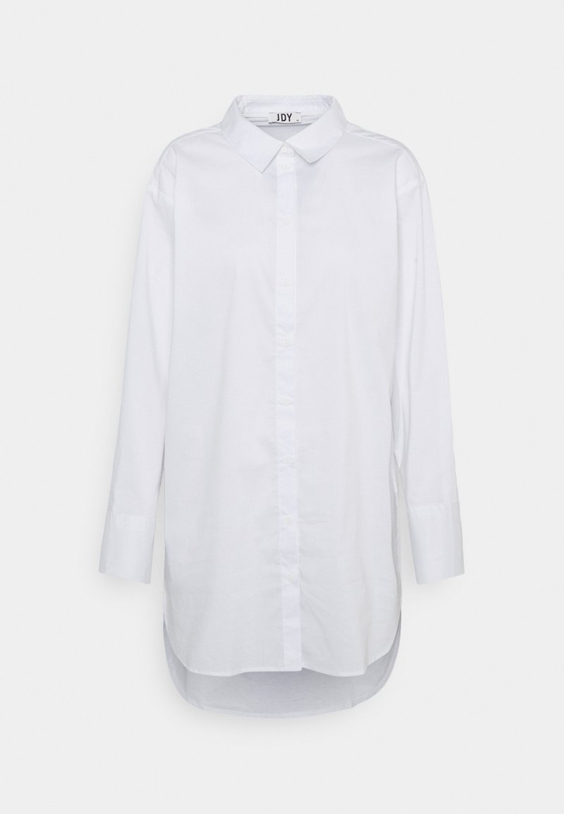 Chemise blanche à manches longues avec boutons, col et ourlet arrondi, présentée de face sur un fond uni.