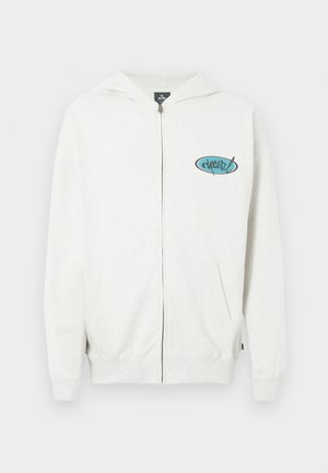 Light grey zip-up hoodie made of cotton blend with a front logo in teal. Features a drawstring hood and two side pockets. Soft texture.
