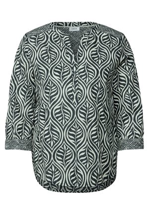 Blouse noir et blanc avec un motif de feuilles, à manches longues et encolure ronde. Comprend une patte de boutonnage partielle et des poignets décoratifs.