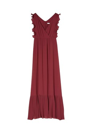 Robe longue bordeaux avec un décolleté en V, des manches à volants et un ourlet plissé. Fabriquée en tissu lisse, elle présente une taille cintrée.