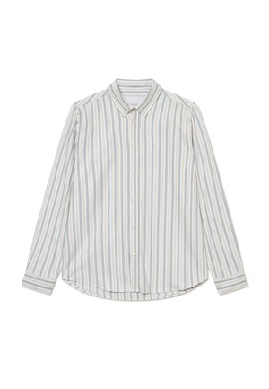Camicia in cotone con bottoni, maniche lunghe, caratterizzata da righe verticali blu e crema, colletto a punta e orlo arrotondato. Include bottoni frontali.