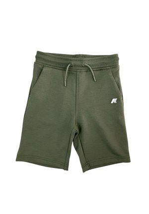 Pantaloncini verde oliva fino al ginocchio con vita elastica, cordoncini regolabili, tasche laterali e un piccolo logo bianco sulla coscia destra.
