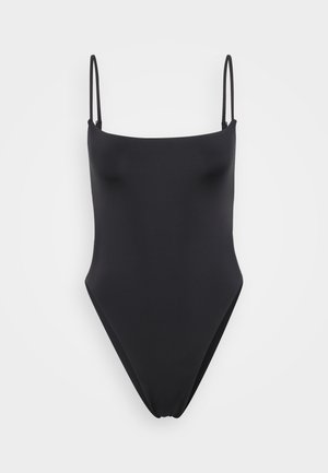 Black one-piece swimsuit with thin adjustable straps, a scoop neckline, and high-cut legs. Smooth fabric with minimal seams and no additional patterns.
